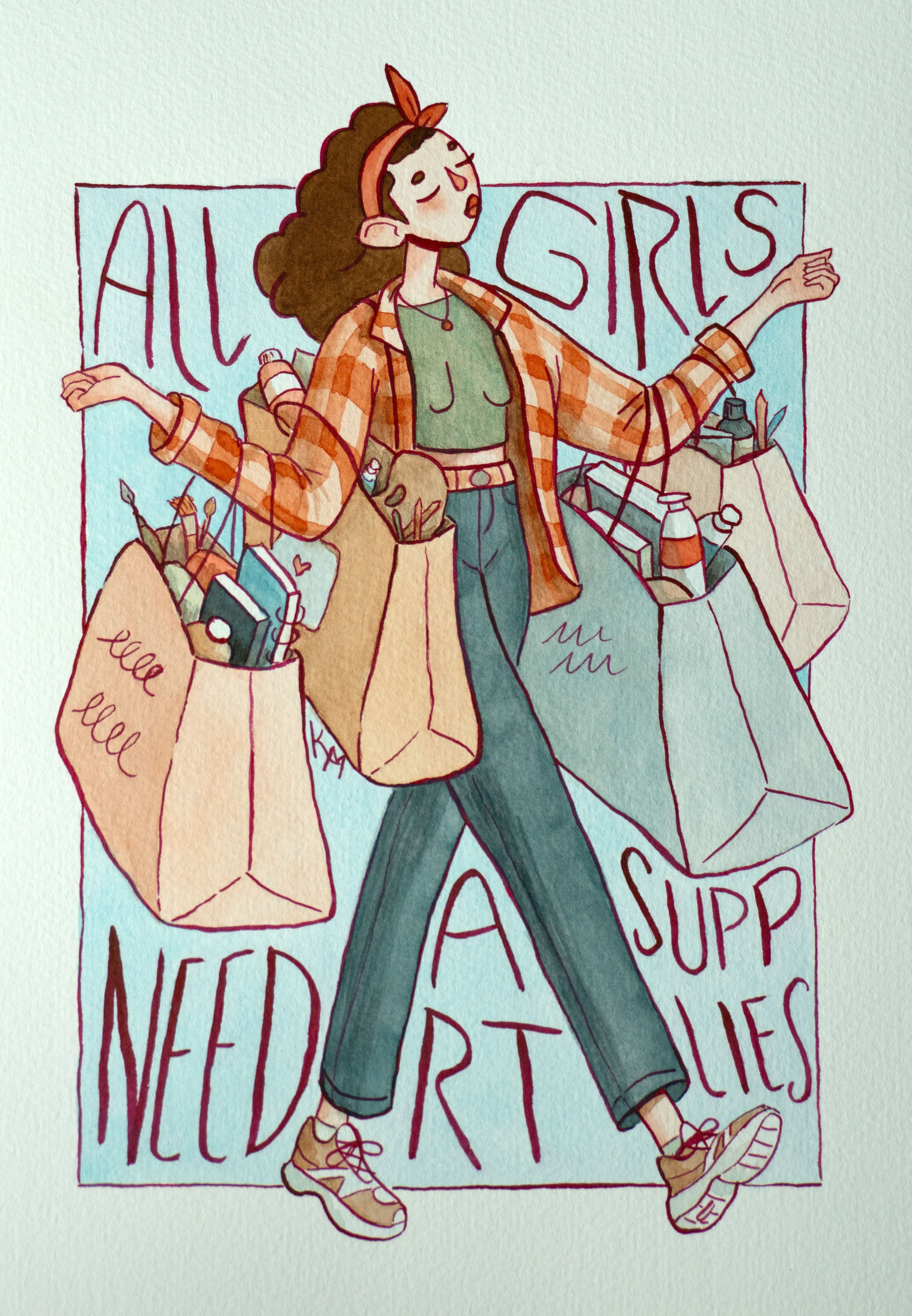 Painting made with Watercolor and ink, a girl shopping art supplies